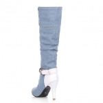 Blue Light Denim Jeans White Buckle Long Stiletto High Heels Boots Shoes